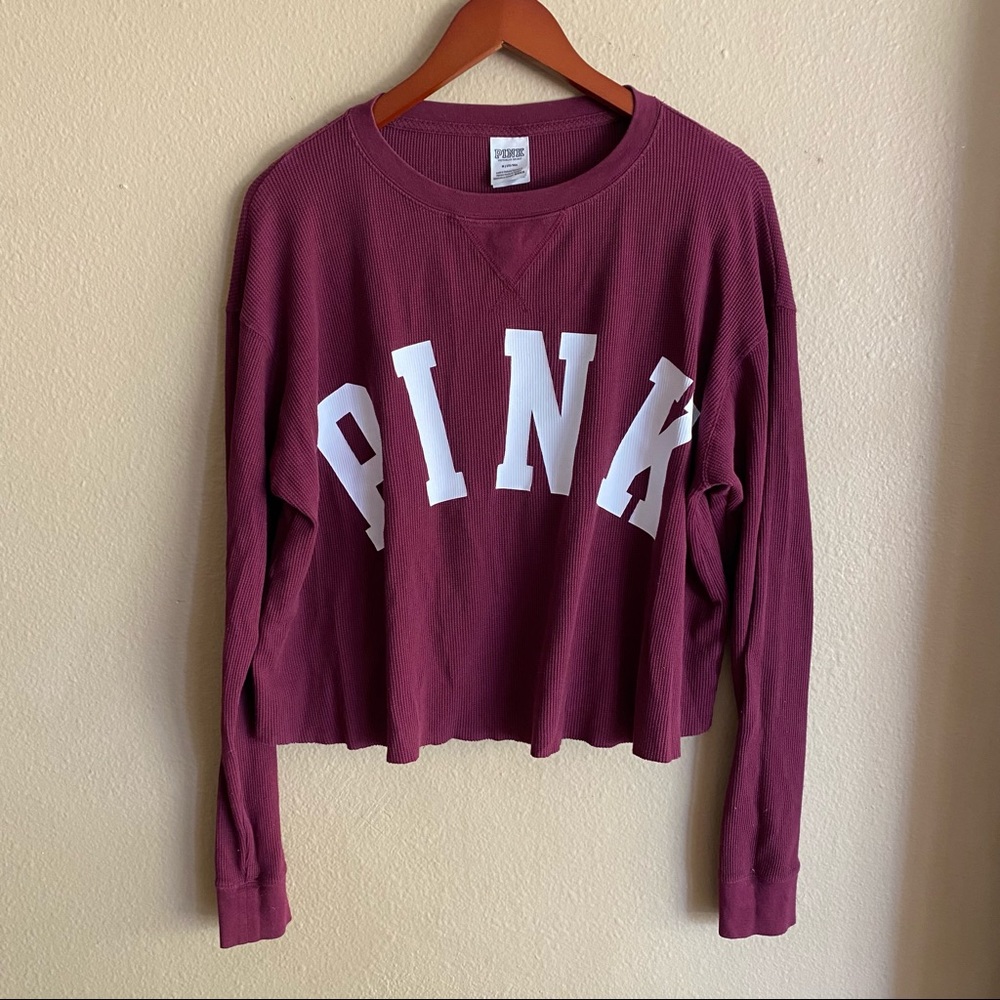 PINK Logo Cropped Maroon Waffle Top Size M